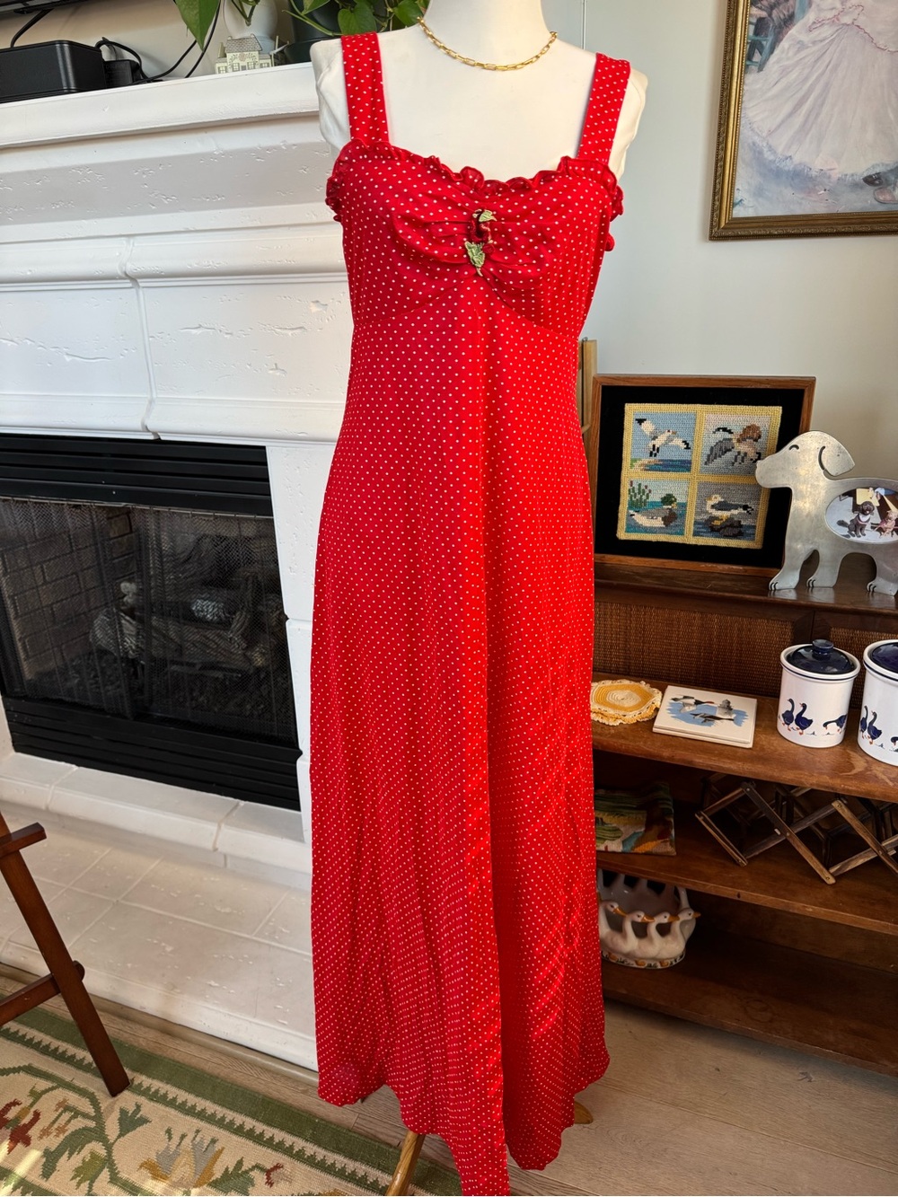 Vintage Red Polka Dot Maxi Dress with Bow Detail
